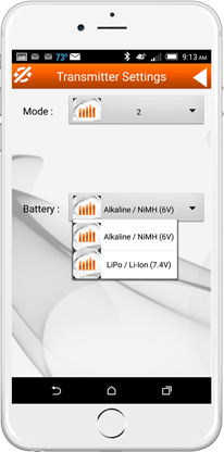 Select Transmitter Mode and Battery Type