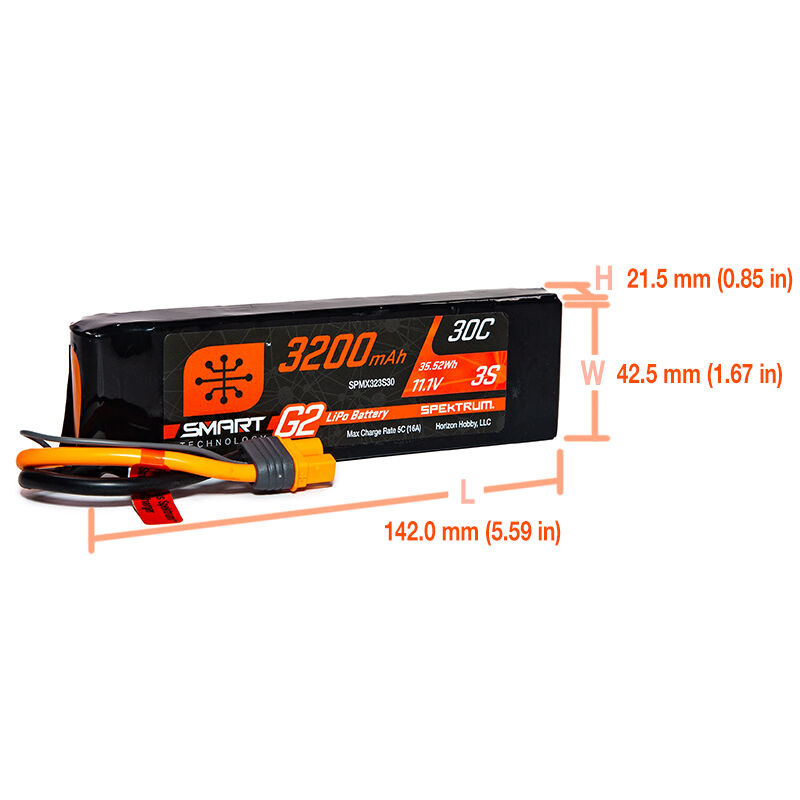 11.1V 3200mAh 3S 30C Smart G2 LiPo Battery: IC3 | Spektrum