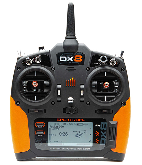 Front of DX8 transmitter with orange grips